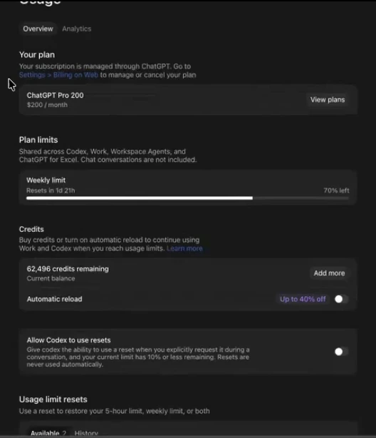 Codex Usage settings showing the ChatGPT Pro 200 plan, a weekly limit with 70% left, and the credits balance