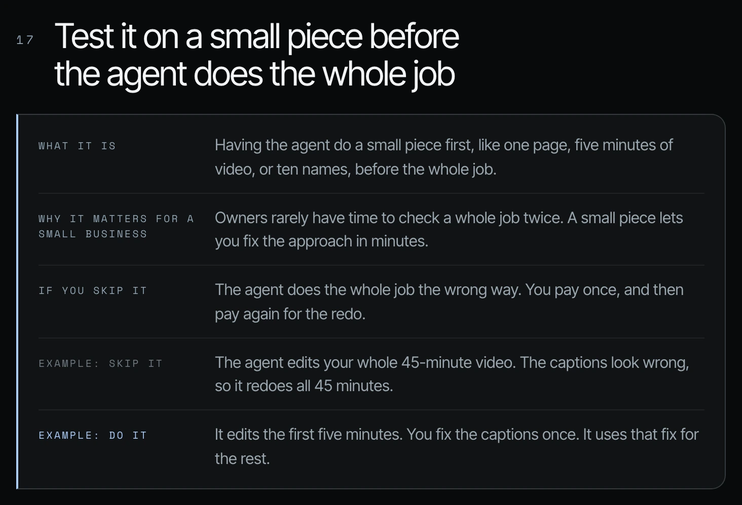 Way 17 card titled "Test it on a small piece before the agent does the whole job" with what it is, why it matters, and skip-it and do-it examples