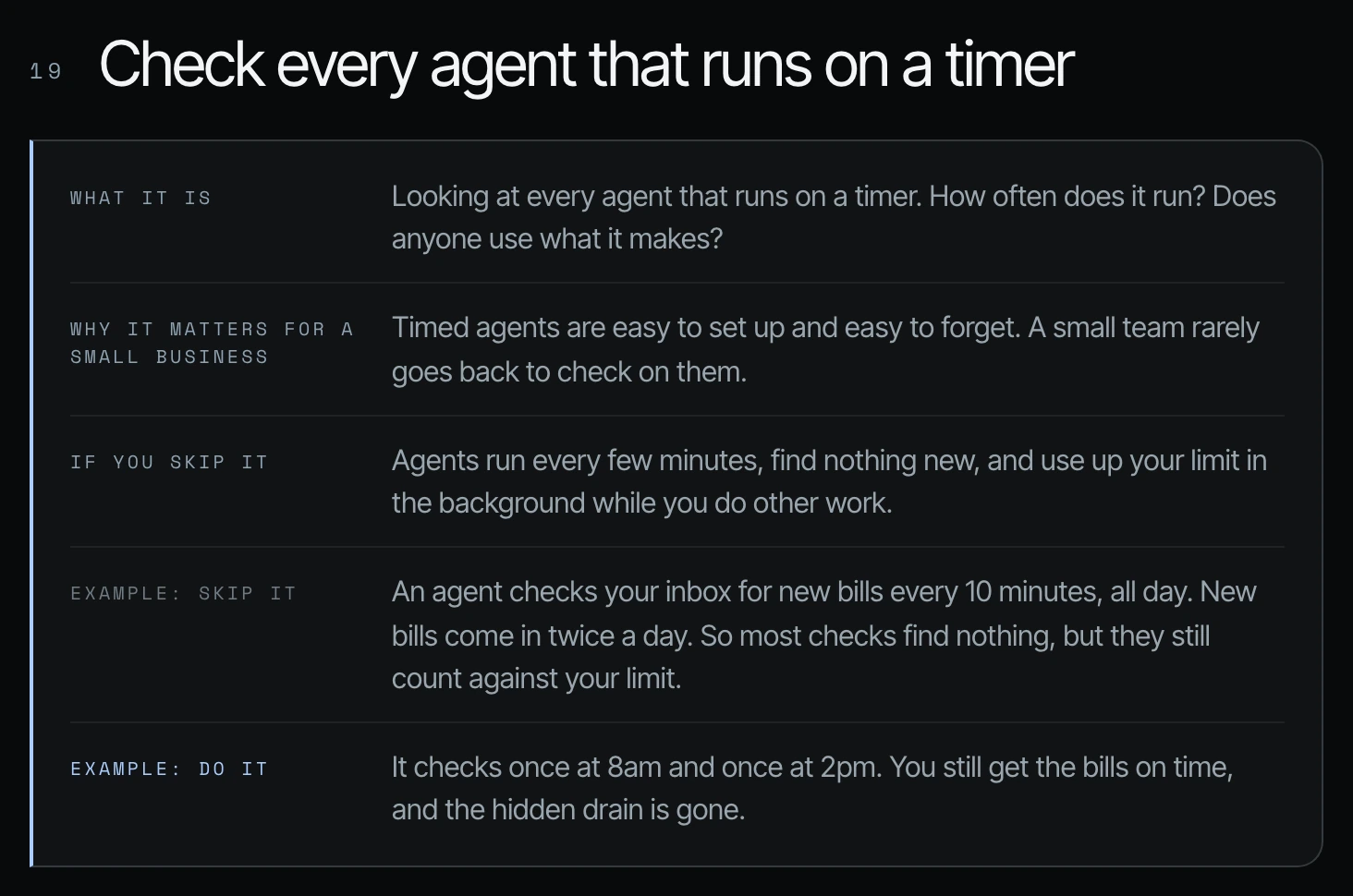 Way 19 card titled "Check every agent that runs on a timer" with what it is, why it matters, and the new-bills inbox example