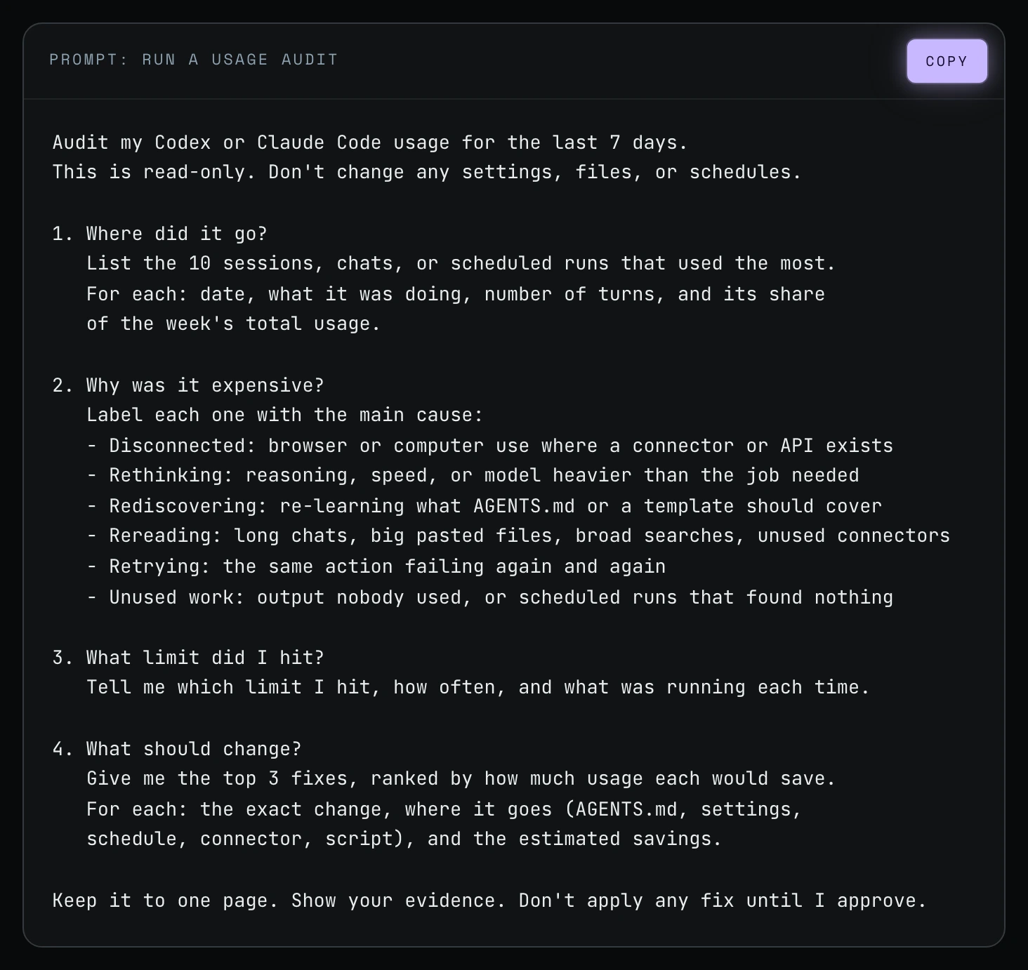 The "Run a usage audit" prompt, showing the four questions and the six cause labels