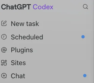 The new ChatGPT app sidebar showing five items: New task, Scheduled, Plugins, Sites, and Chat.