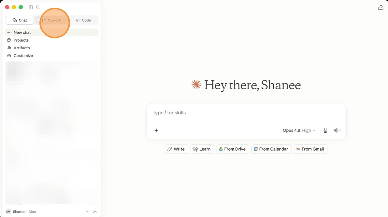 The Claude desktop app showing Chat, Cowork, and Code tabs at the top left