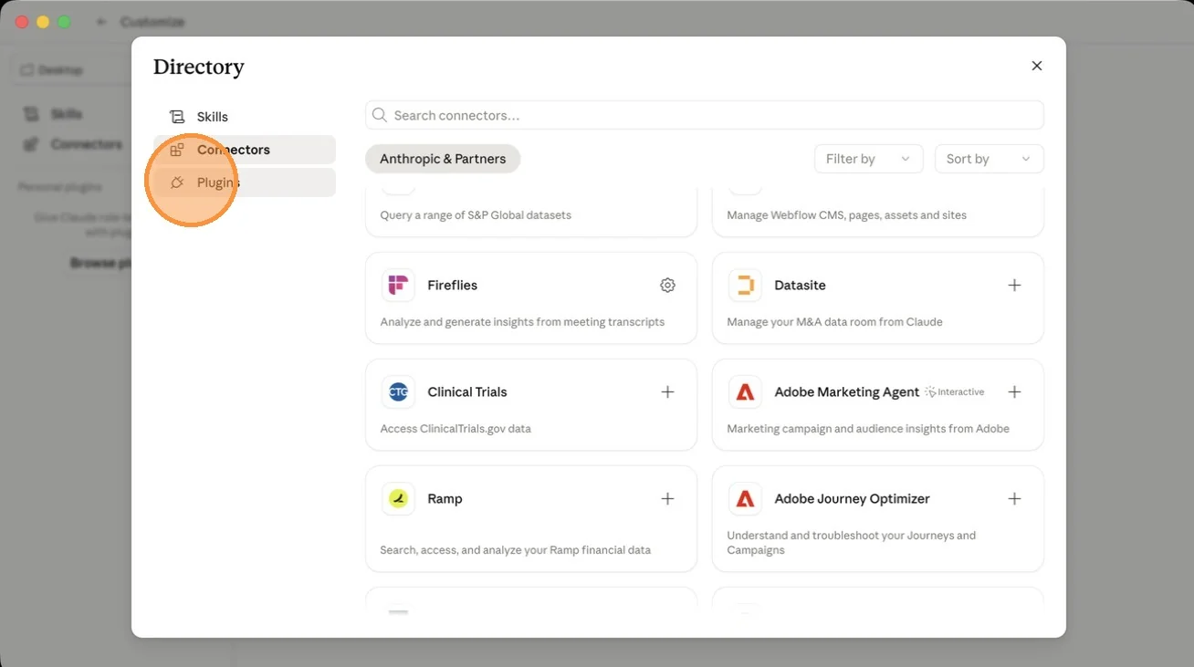 The Plugins tab in the Claude app, browsing plugins to connect core-stack apps