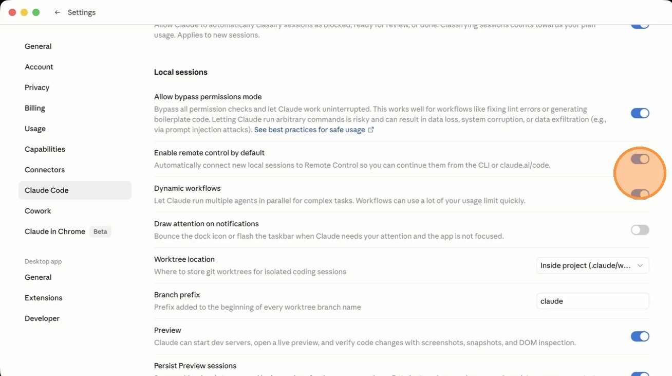 Toggling Enable remote control by default in Claude Code settings
