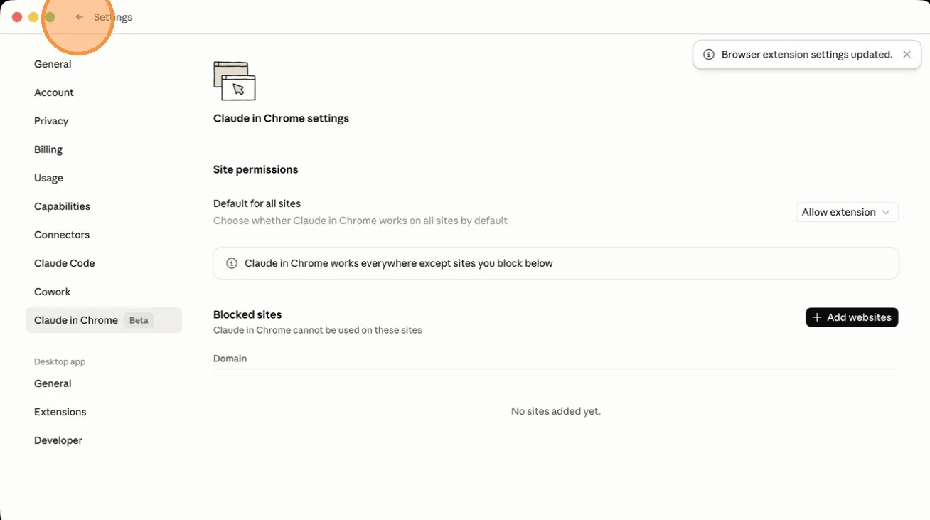 Exiting the settings menu in the Claude app