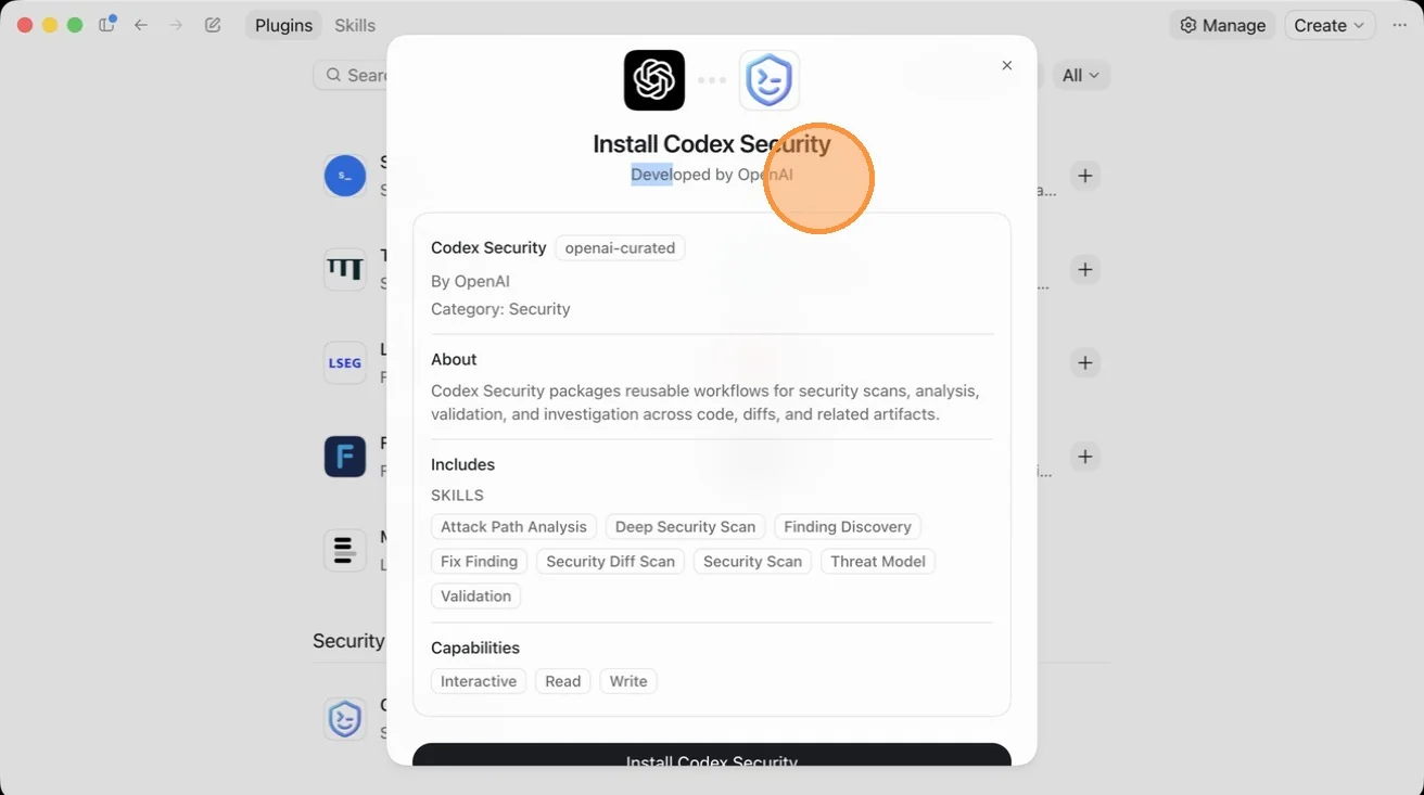 The Install Codex Security screen showing Developed by OpenAI at the top
