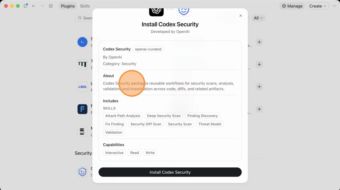 The About section describing what the Codex Security plugin does