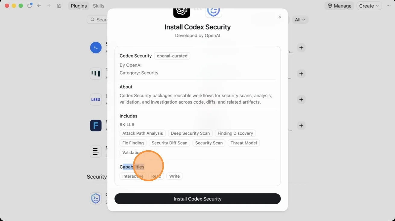 The capabilities line reading Interactive, Read, Write on the Codex Security install screen