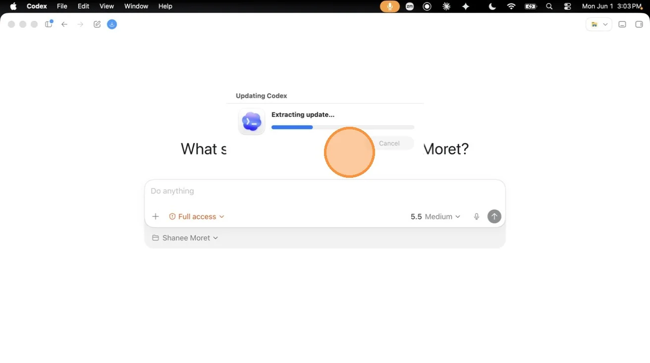 Codex updating before the app closes and restarts