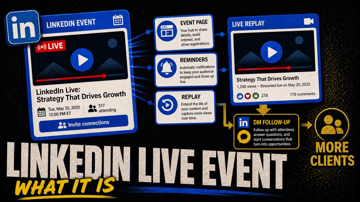 LinkedIn Live event thumbnail showing event page, reminders, replay, and DM follow-up.