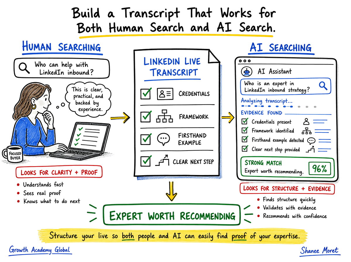 Diagram showing the transcript elements that help both human buyers and AI agents understand expertise.